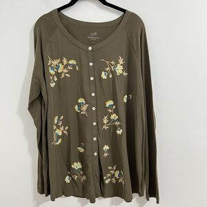 J. Jill Embroidered Woven Front Shirt Size L Olive Green Floral Button Up Boho